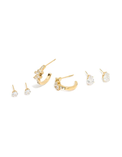 Waterproof Gold Plated Stainless Steel Cubic Zirconia Stacking Earrings 2-Pack