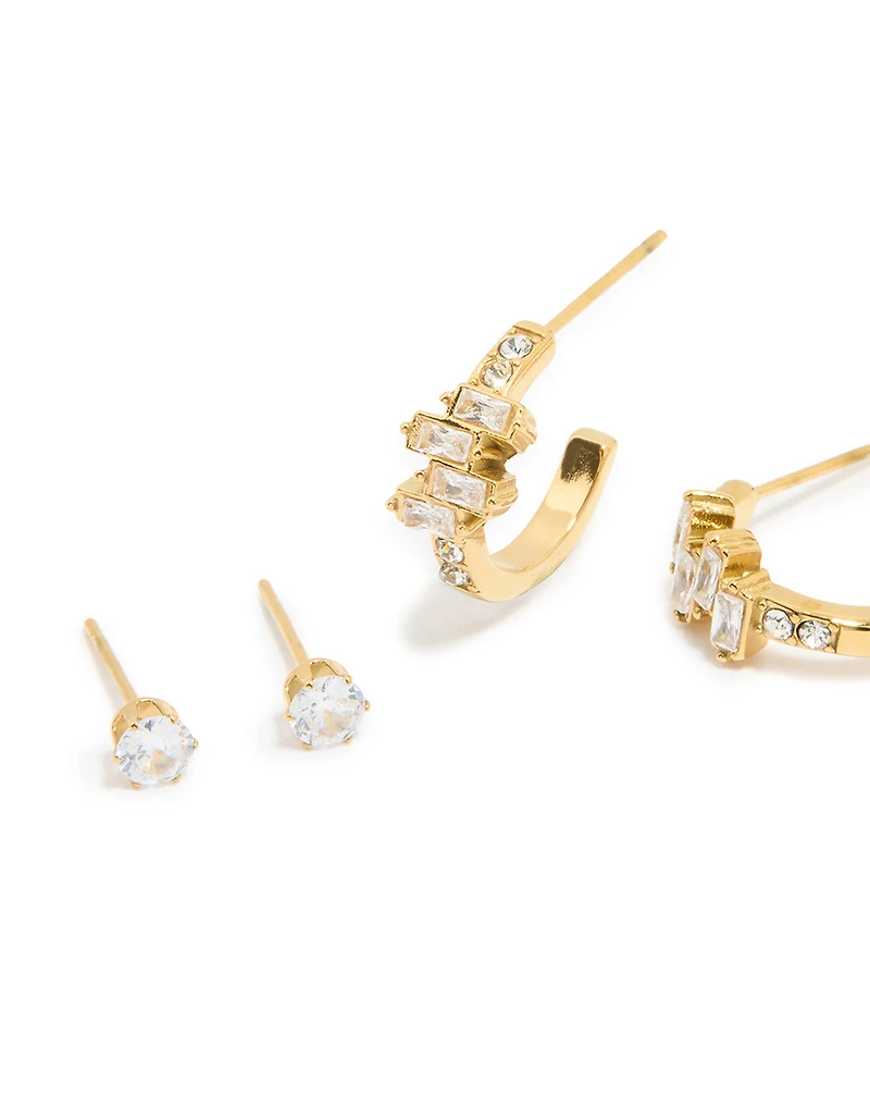 Waterproof Gold Plated Stainless Steel Cubic Zirconia Stacking Earrings 2-Pack