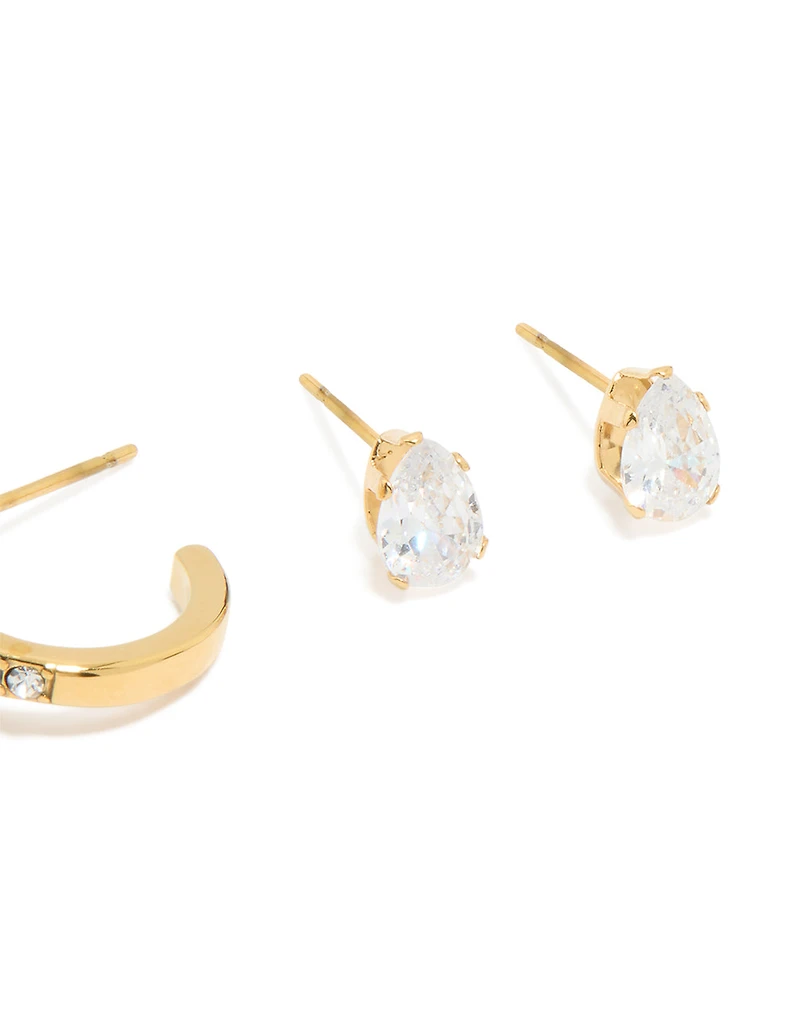 Waterproof Gold Plated Stainless Steel Cubic Zirconia Stacking Earrings 2-Pack