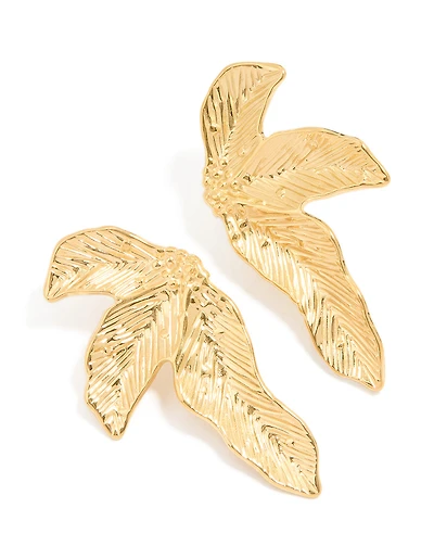 Waterproof Gold Plated Stainless Steel Etched Leaf Earrings