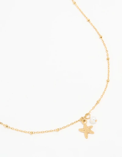 Waterproof Gold Plated Stainless Steel Pearl & Starfish Dainty Necklace