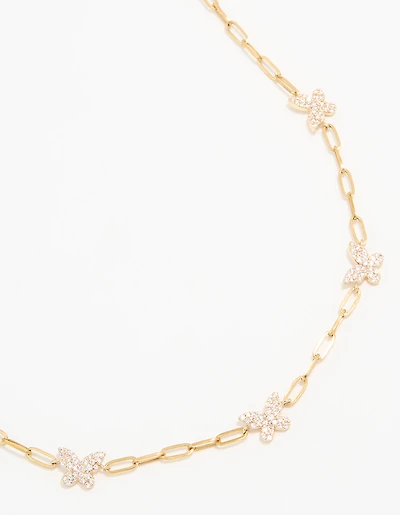 Waterproof Gold Plated Stainless Steel Cubic Zirconia Butterfly Chain Necklace