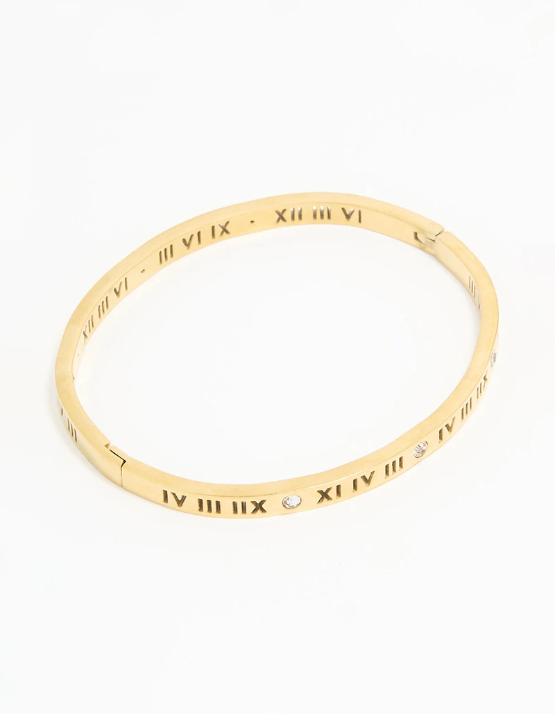 Waterproof Gold Plated Stainless Steel Diamante Roman Numeral Hinge Bangle