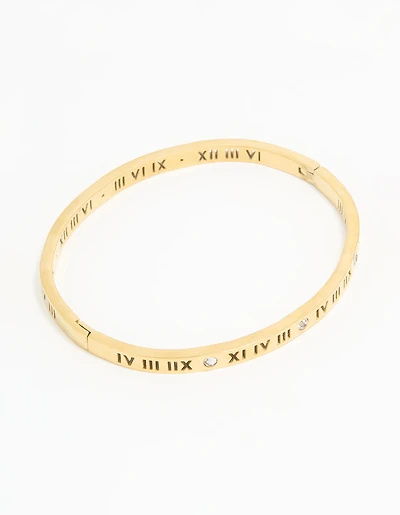 Waterproof Gold Plated Stainless Steel Diamante Roman Numeral Hinge Bangle