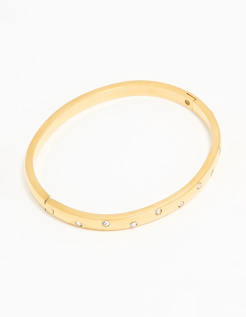 Waterproof Gold Plated Stainless Steel Diamante Smooth Hinged Bracelet