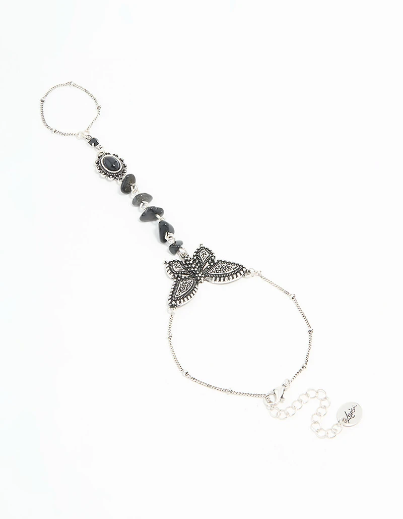 Antique Silver Black Stone & Butterfly Hand Chain
