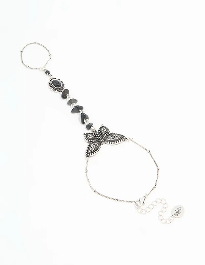 Antique Silver Black Stone & Butterfly Hand Chain