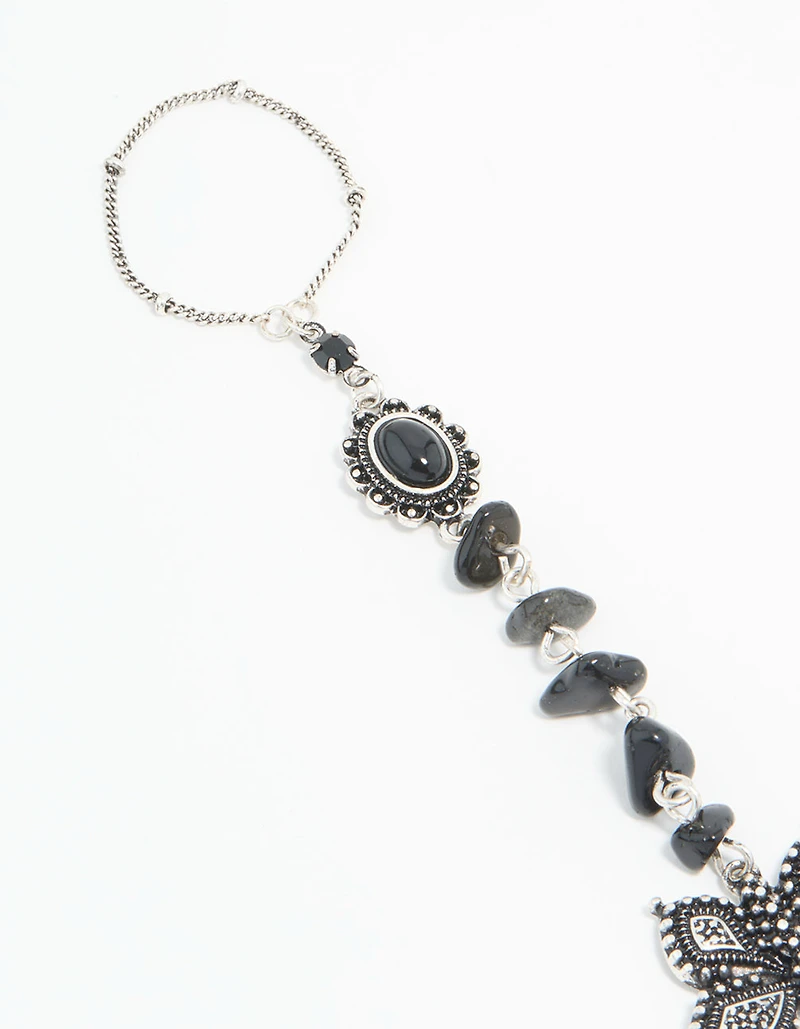 Antique Silver Black Stone & Butterfly Hand Chain