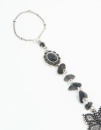 Antique Silver Black Stone & Butterfly Hand Chain