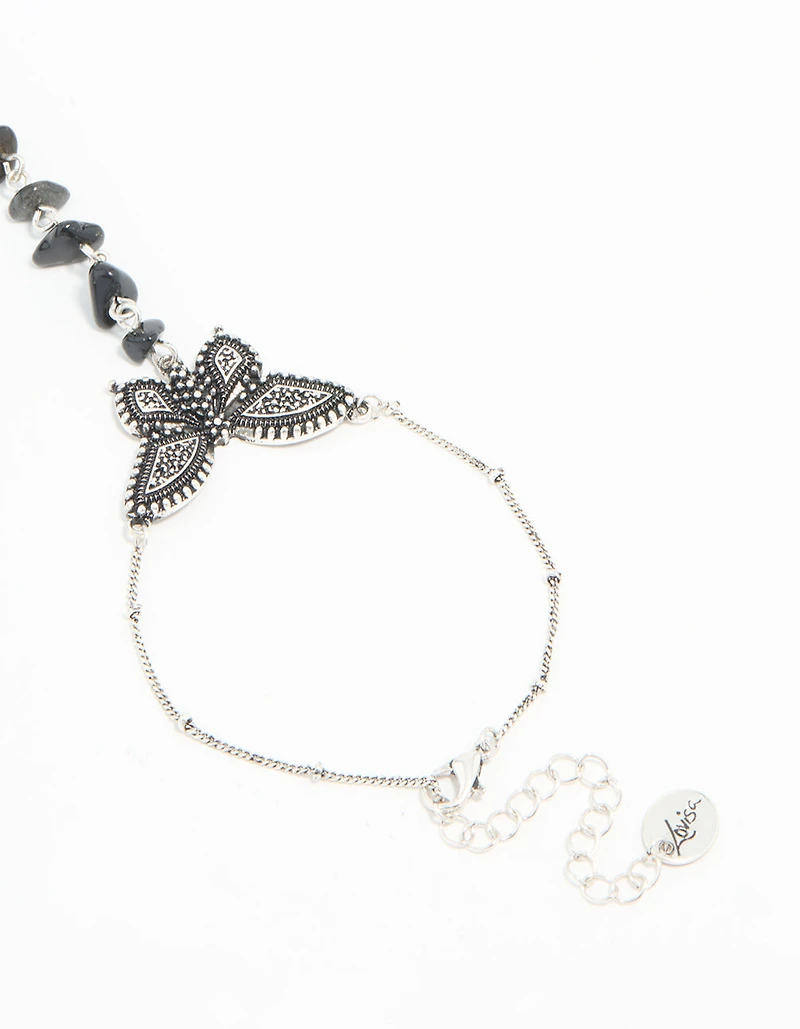 Antique Silver Black Stone & Butterfly Hand Chain