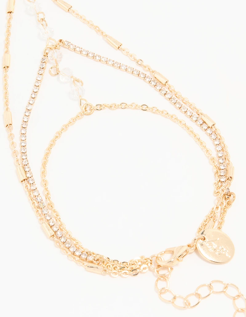 Gold Clear Bead & Diamante Layered Hand Chain