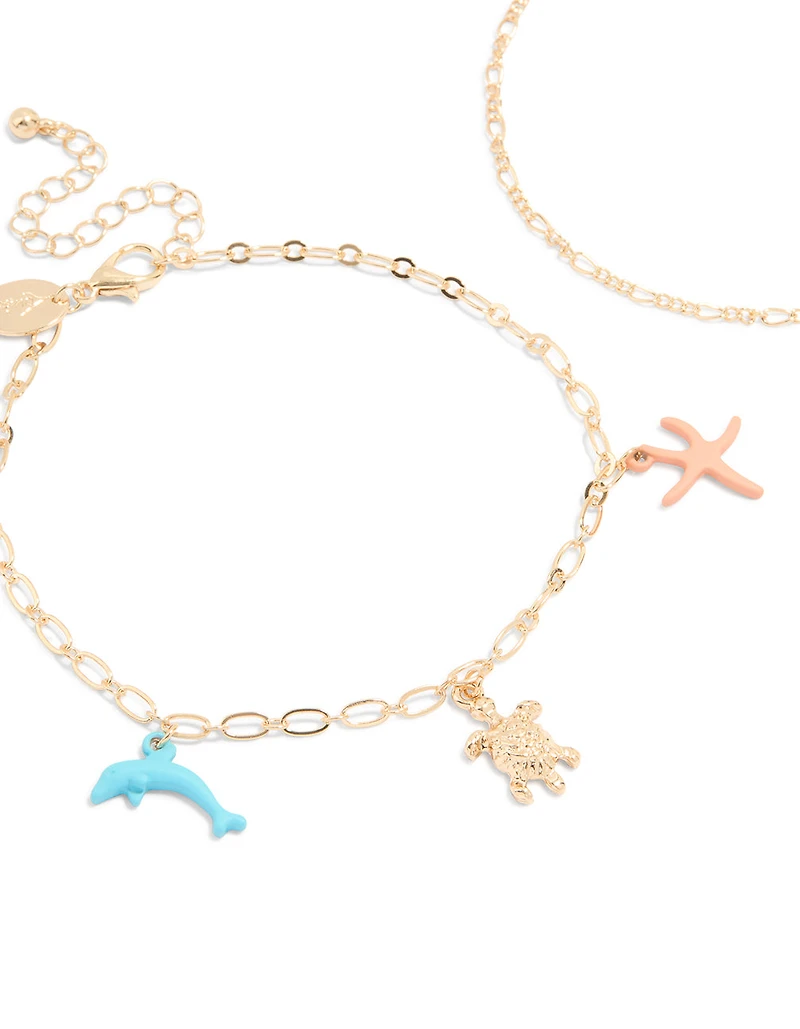 Gold Sea Animal & Chain Anklets 2-Pack