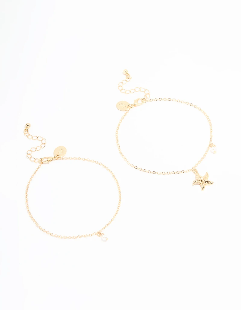 Gold Pearl & Starfish Anklets 2-Pack