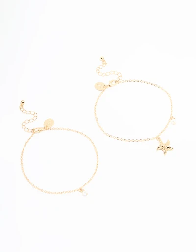 Gold Pearl & Starfish Anklets 2-Pack