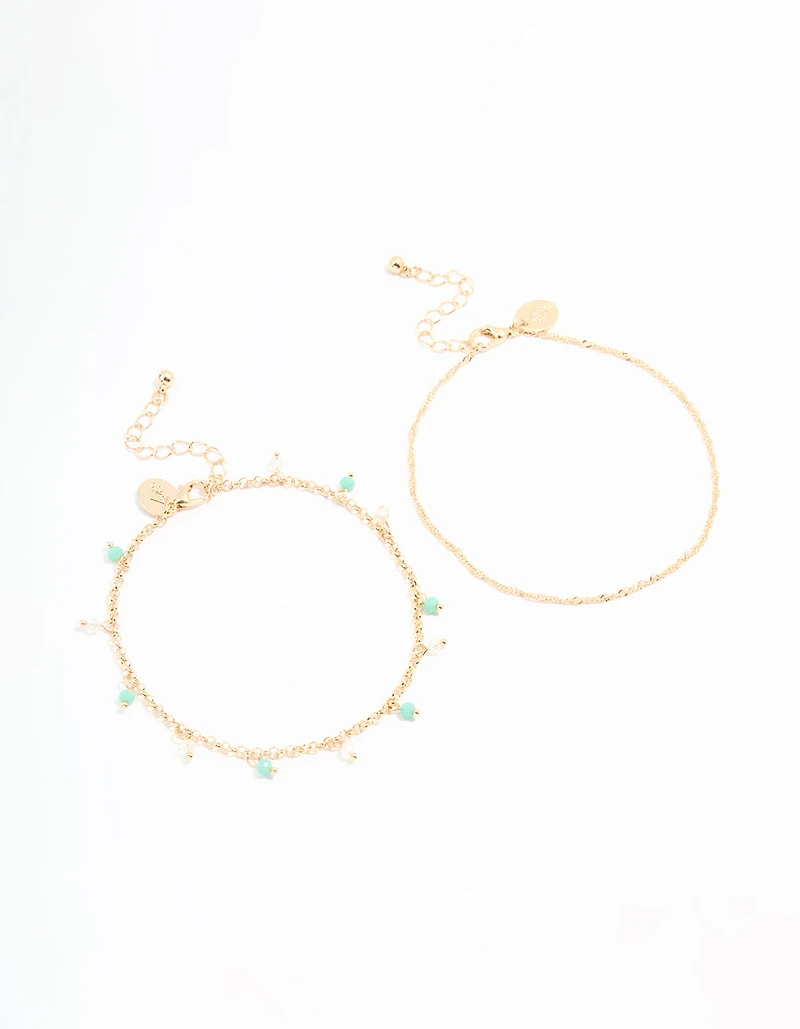 Gold Beaded & Chain Anklets 2-Pack
