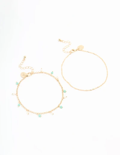 Gold Beaded & Chain Anklets 2-Pack