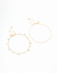 Gold Beaded & Chain Anklets 2-Pack