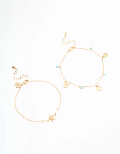 Gold Bead Shell & Tiny Starfish Anklets 2-Pack