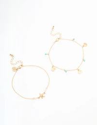 Gold Bead Shell & Tiny Starfish Anklets 2-Pack