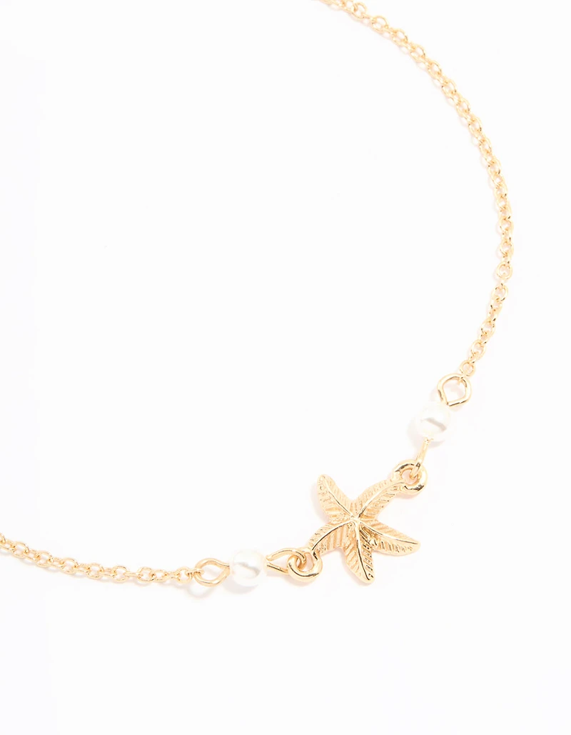 Gold Bead Shell & Tiny Starfish Anklets 2-Pack