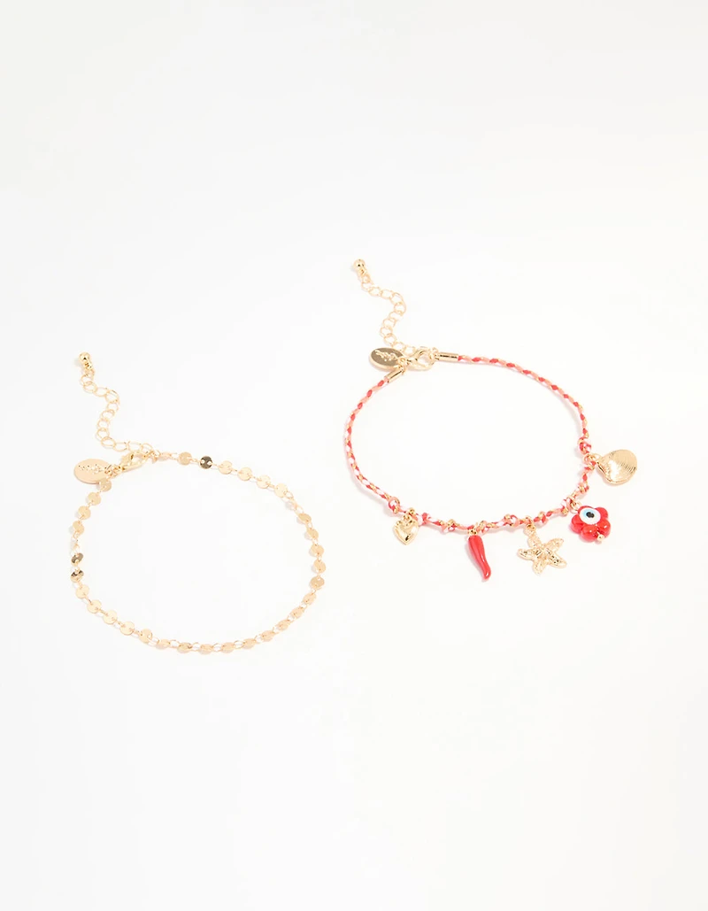 Gold Red Rope Starfish & Disc Anklets 2-Pack