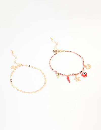 Gold Red Rope Starfish & Disc Anklets 2-Pack