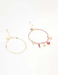 Gold Red Rope Starfish & Disc Anklets 2-Pack