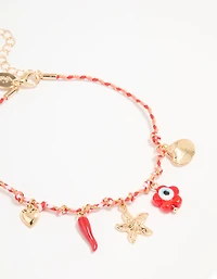 Gold Red Rope Starfish & Disc Anklets 2-Pack