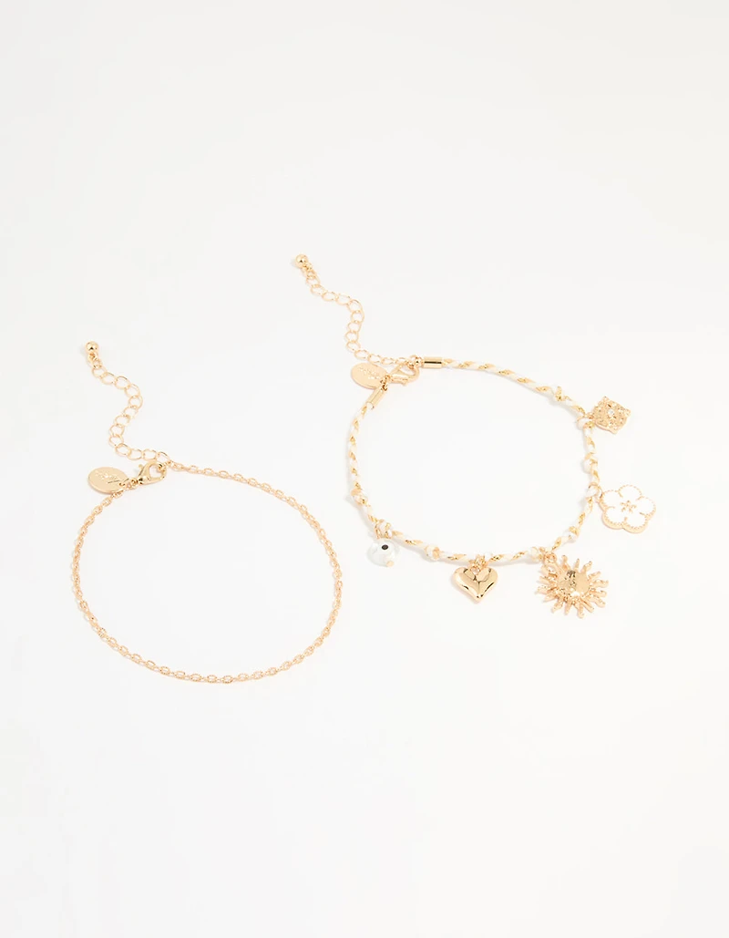 Gold White Rope Sun Charm & Chain Anklets 2-Pack