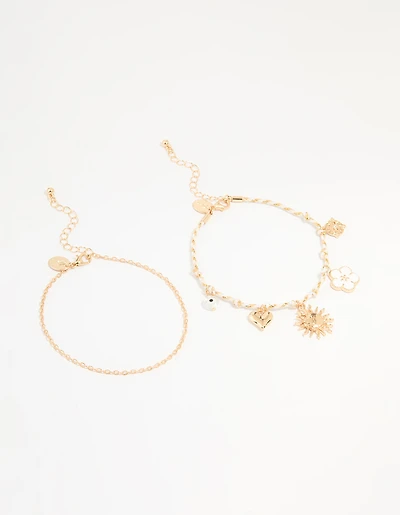 Gold White Rope Sun Charm & Chain Anklets 2-Pack