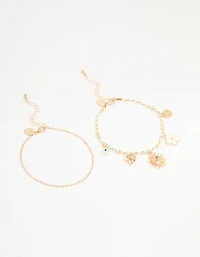 Gold White Rope Sun Charm & Chain Anklets 2-Pack