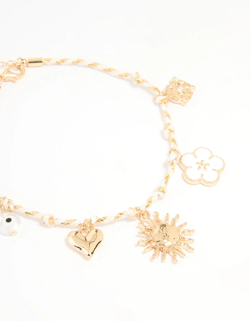 Gold White Rope Sun Charm & Chain Anklets 2-Pack
