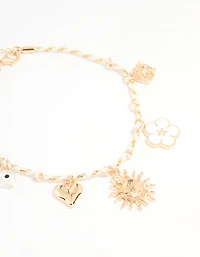 Gold White Rope Sun Charm & Chain Anklets 2-Pack