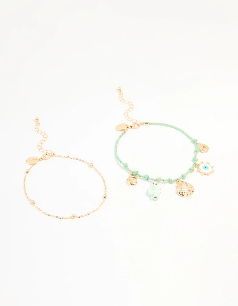 Gold Blue Rope Shell Charm & Chain Anklets 2-Pack