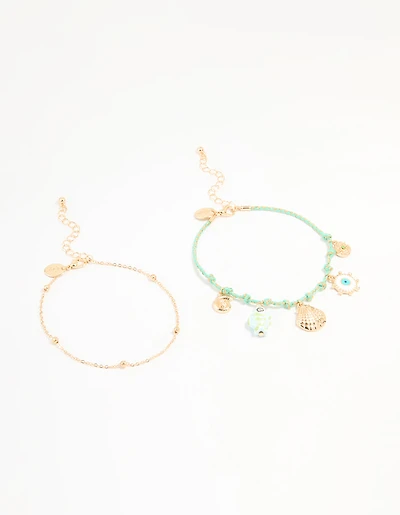 Gold Blue Rope Shell Charm & Chain Anklets 2-Pack