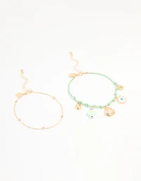 Gold Blue Rope Shell Charm & Chain Anklets 2-Pack