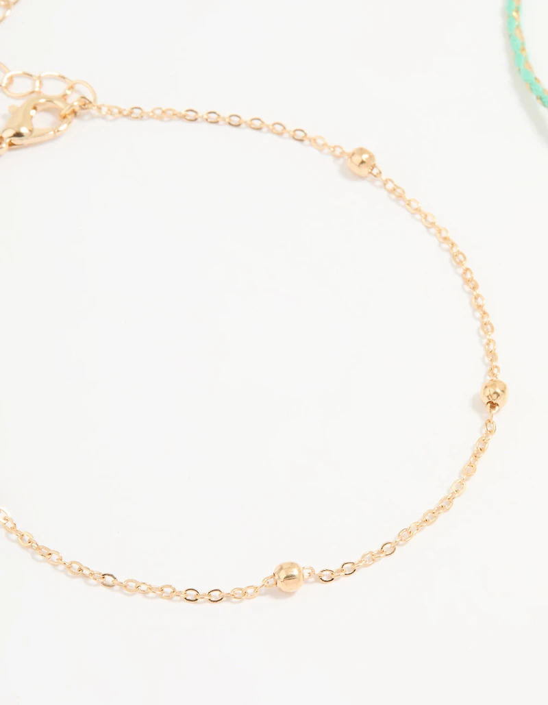 Gold Blue Rope Shell Charm & Chain Anklets 2-Pack