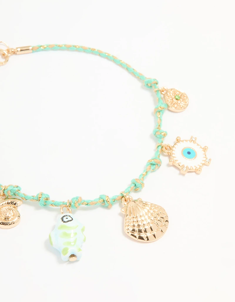 Gold Blue Rope Shell Charm & Chain Anklets 2-Pack