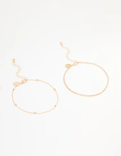 Gold Diamante & Ball Anklets 2-Pack