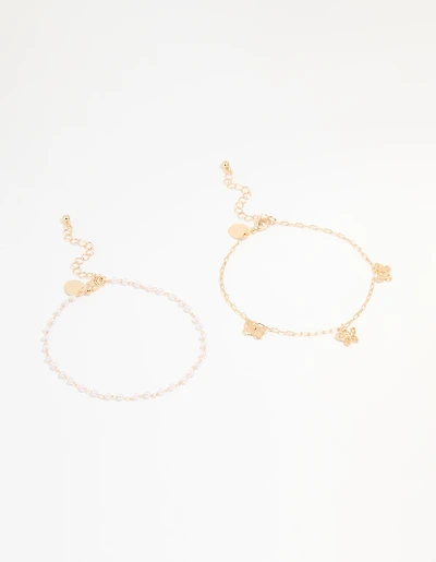 Gold Pearl & Butterfly Anklets 2-Pack