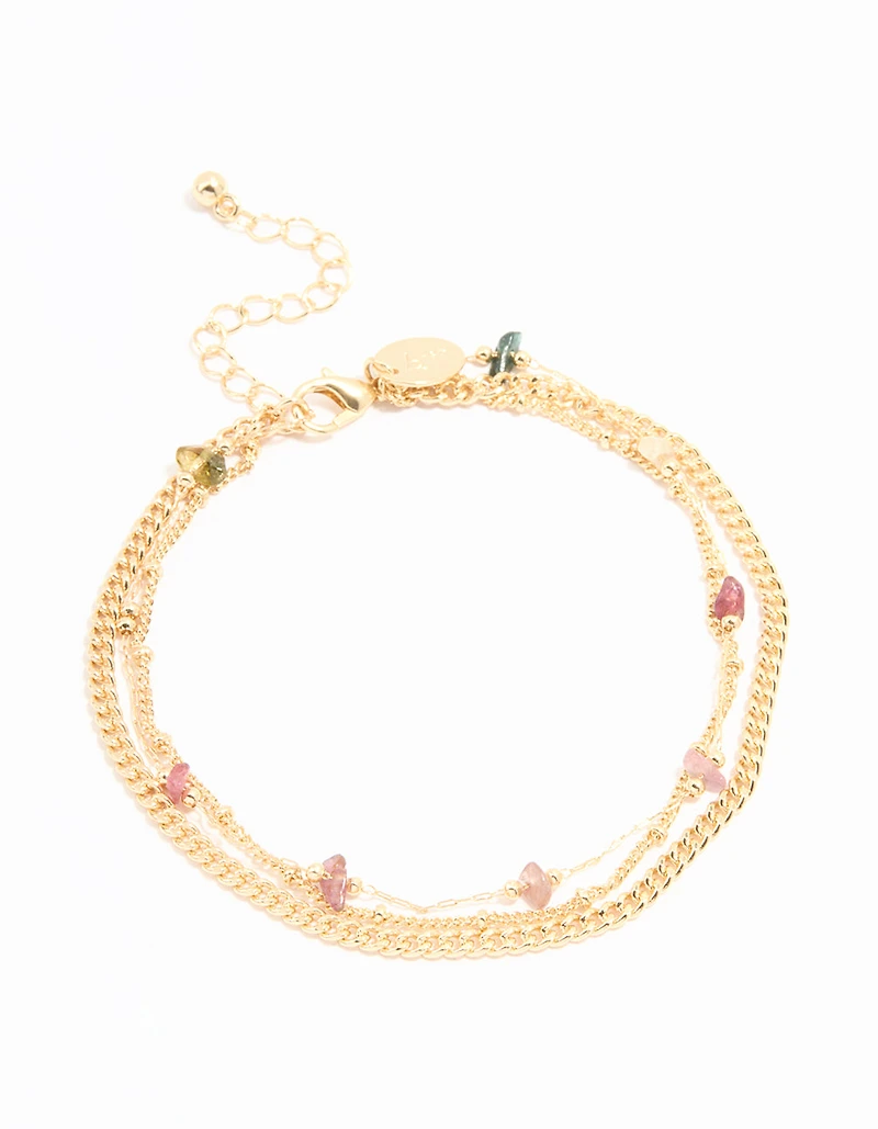 Gold Multicoloured Gemstones Layered Anklet