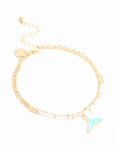 Gold Beaded Whale Tail & Fine Chain Layered Anklet