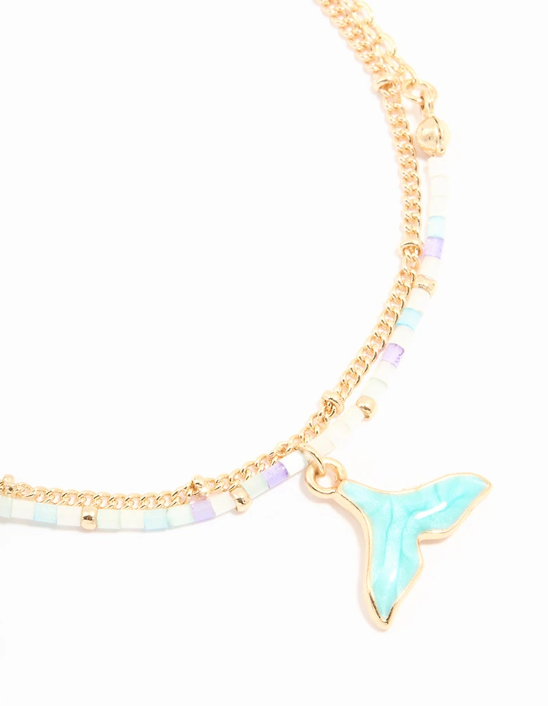 Gold Beaded Whale Tail & Fine Chain Layered Anklet
