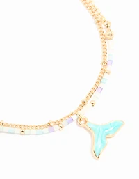 Gold Beaded Whale Tail & Fine Chain Layered Anklet