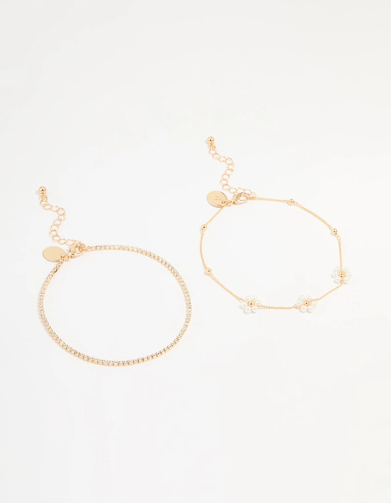 Gold Pearl Flower & Diamante Tennis Anklets 2-Pack