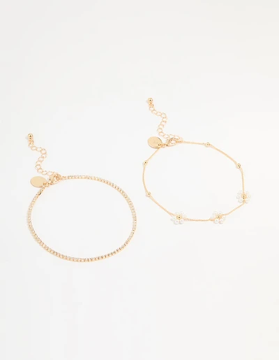 Gold Pearl Flower & Diamante Tennis Anklets 2-Pack