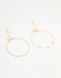 Gold Pearl Flower & Diamante Tennis Anklets 2-Pack