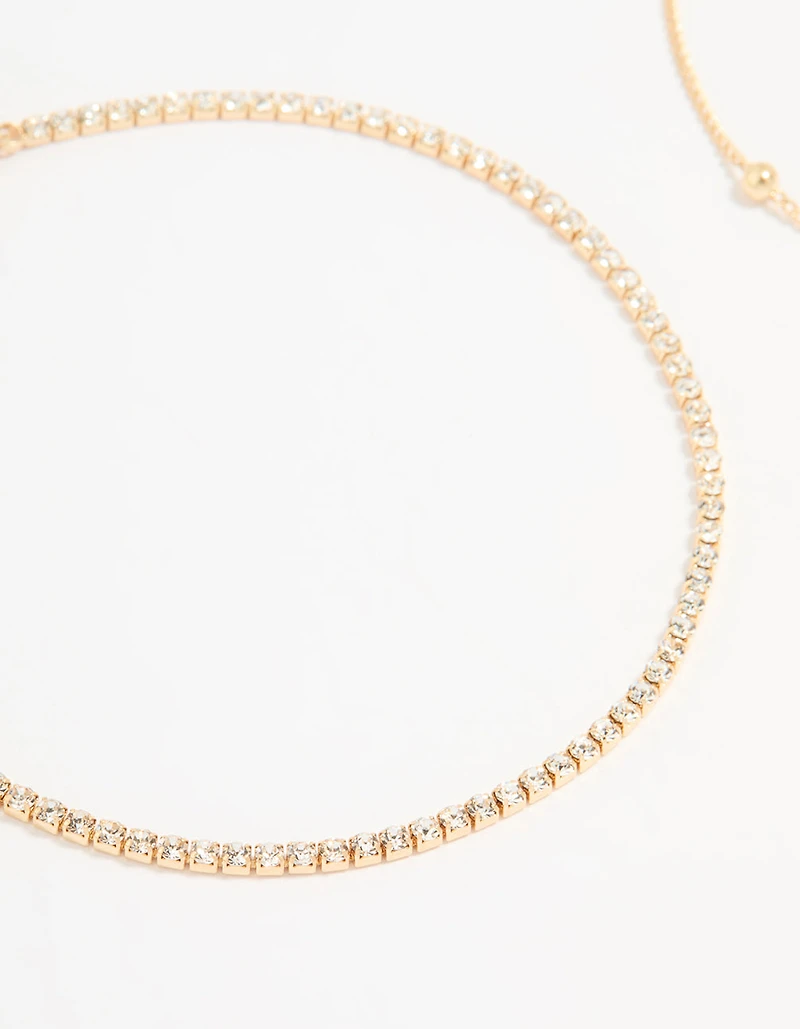 Gold Pearl Flower & Diamante Tennis Anklets 2-Pack