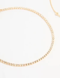 Gold Pearl Flower & Diamante Tennis Anklets 2-Pack