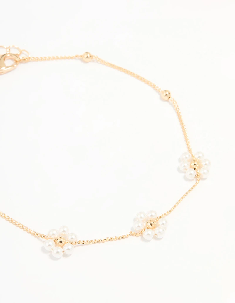 Gold Pearl Flower & Diamante Tennis Anklets 2-Pack